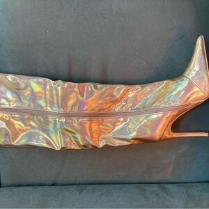 Public Desire gold mirror wide calf high heeled knee boots